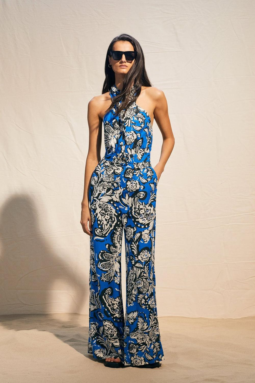 Batik Viscose Linen Belted Halterneck Jumpsuit | Karen Millen US