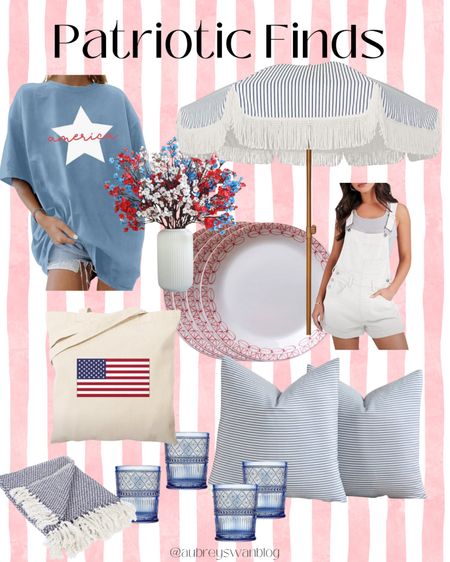 Patriotic finds pt. 2 🇺🇸🤍 

Memorial Day, 4th of July, blue striped patio umbrella, American flag tote bag, blue vintage glass cups, blue striped outdoor pillows, red dinner plates, blue striped outdoor blanket, Amazon finds 