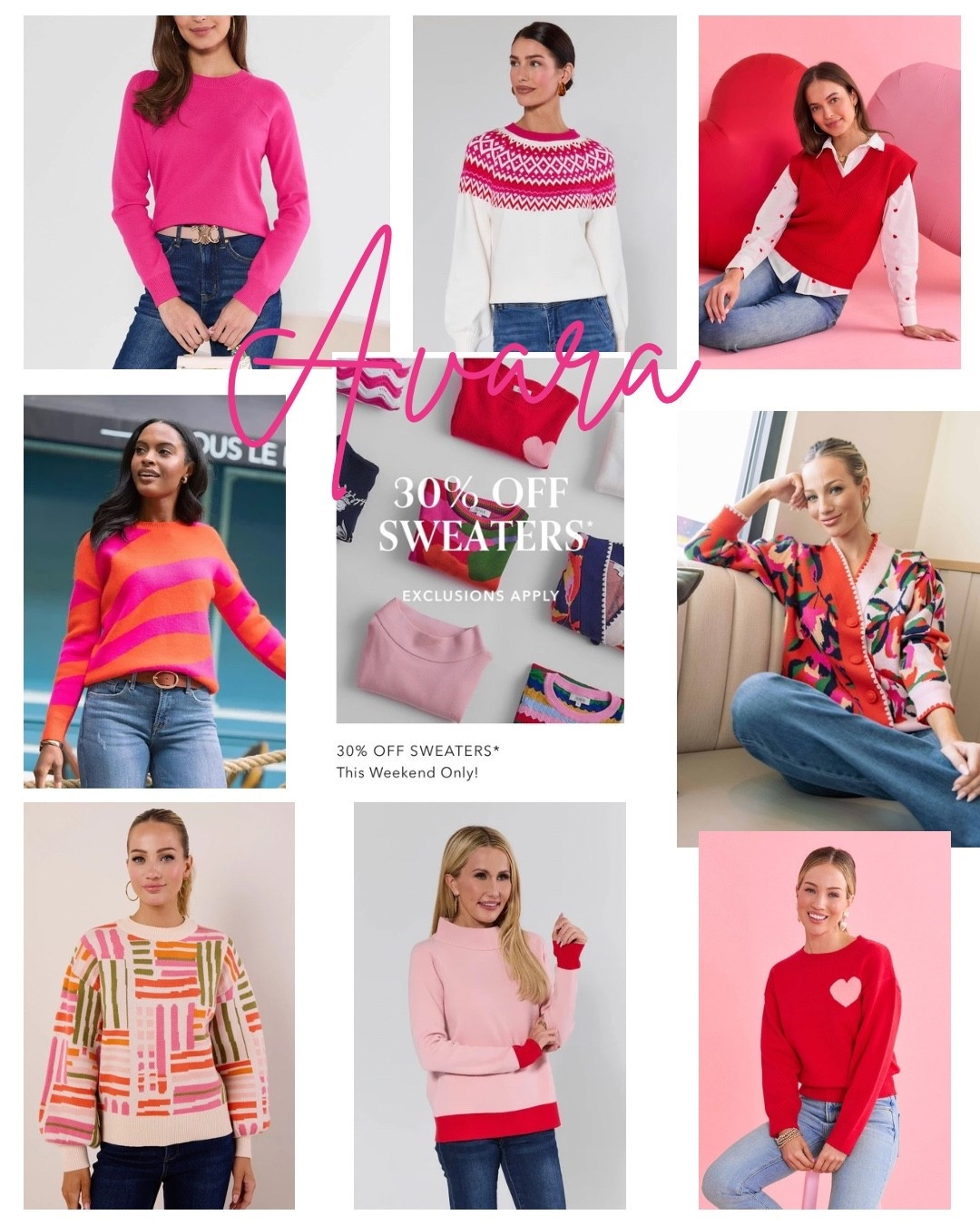 30% off huge selection of sweaters at Avara this weekend!!! So many cute styles and colors, perfect for easing into spring! 💞🌸💕