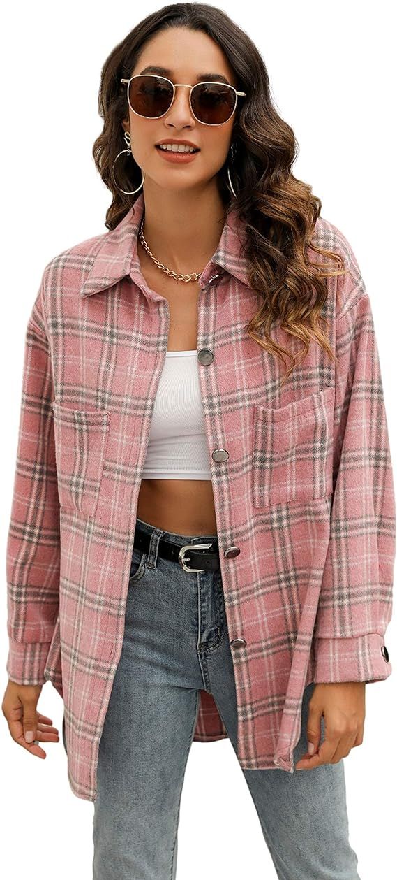Himosyber Womens Casual Button Down Plaid Lapel Brush Wool Blend Shacket Blouse Shirt Coat | Amazon (US)