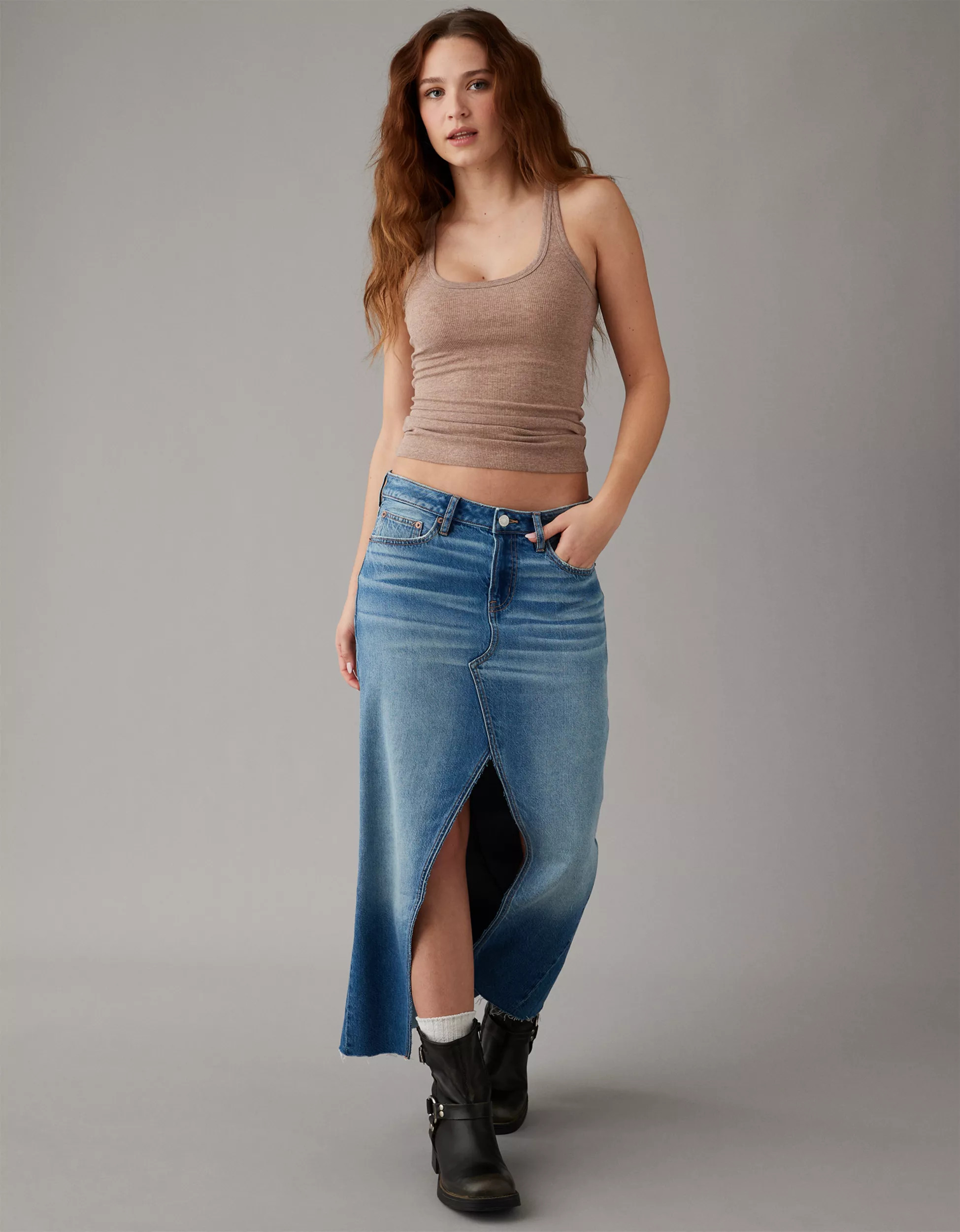 AE Low-Rise Denim Maxi Skirt | American Eagle Outfitters (US & CA)