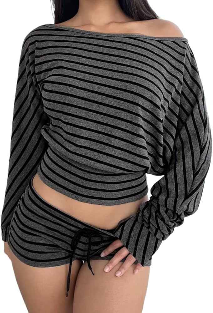 Y2k Sexy Going Out Tops Woman Stripe 2 Piece Set Skew Collar T-Shirts+Drawstring Shorts Street Ca... | Amazon (US)
