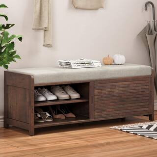 Harper & Bright Designs Espresso Acacia Veneer Living Room Storage Bench with Seat Cushion, 2 Shu... | The Home Depot