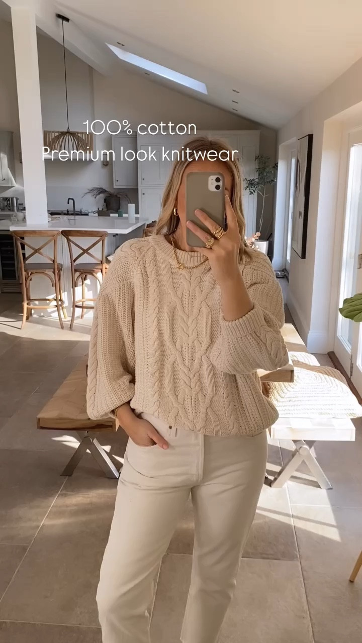 Perfect cable sweater 
Neutral autumn outfit 
Lovely 100% cotton knit , stylish silhouette , no pilling, great for sensitive skin. 
Wearing the large - relaxed fit 
With my all time fave straight leg crop 501 jeans - I wear 31 /28 . 

#LTKuk #LTKstyletip #LTKautumn