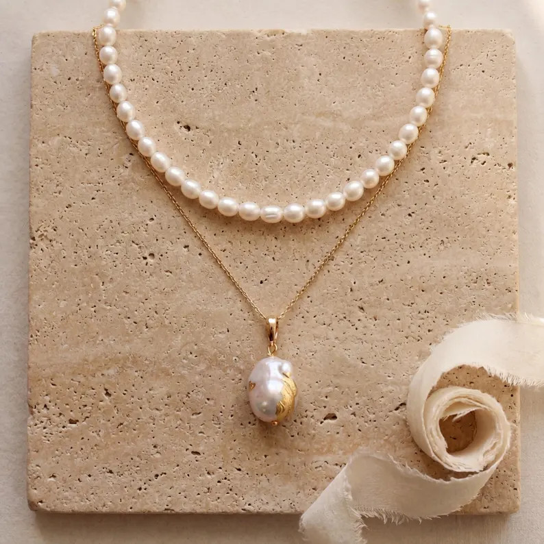 Baroque Pearl 3-in-1 Layering Necklace Set, Gold Foil Pearl Pendant, Bridal Jewelry, Wedding Gift... | Etsy (Global)