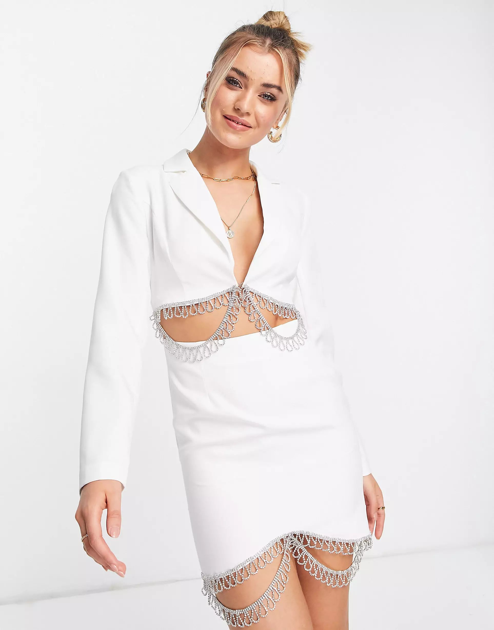 Band Of Stars premium embellished blazer dress in white | ASOS (Global)