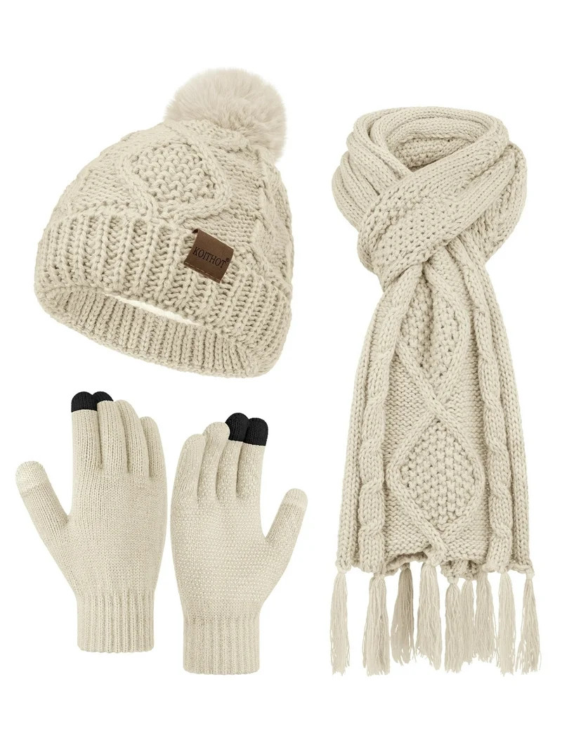 KOITHOT 3 Pieces Women Winter Beanie Hat Gloves Scarf Set, Soft Warm Thick Touch Screen Knitted B... | Walmart (US)