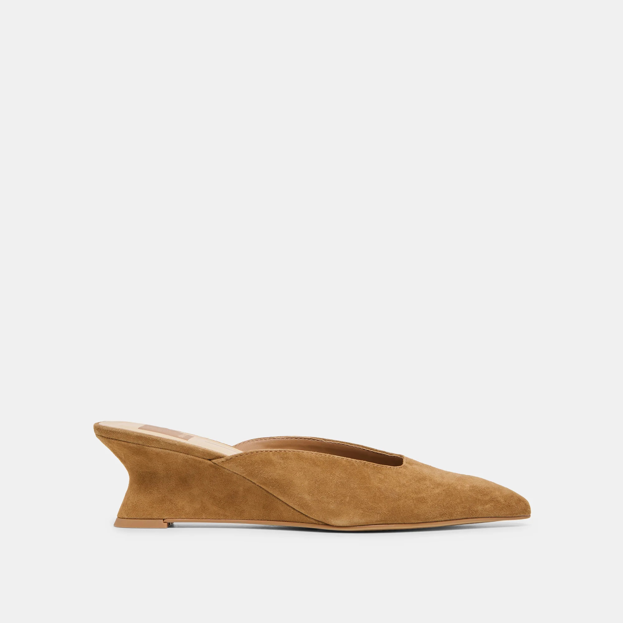 CAMY Cognac Suede Closed-Toe Slip-On Wedge Mules | Dolce Vita | DolceVita.com