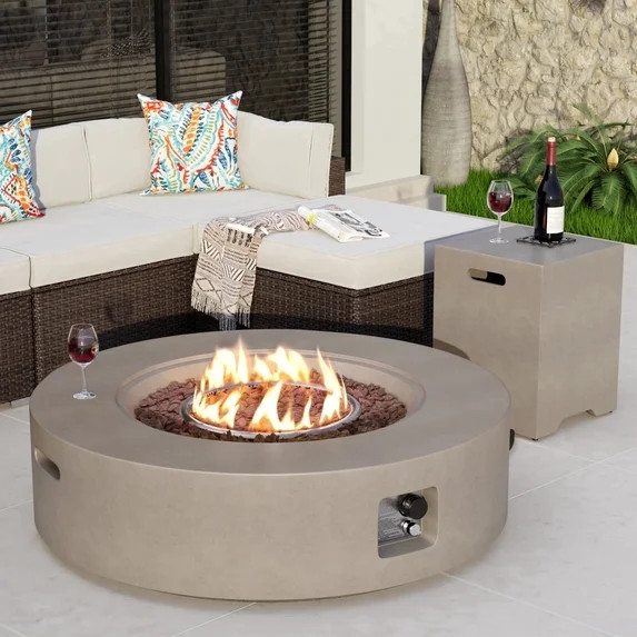 VENTOPYR 2-Piece Outdoor 40.5-inch Gray Round Propane Firepit Table Set w Tank Table | Walmart (US)
