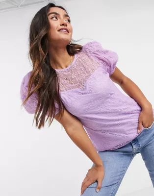 River Island lace puff sleeve top in purple | ASOS (Global)
