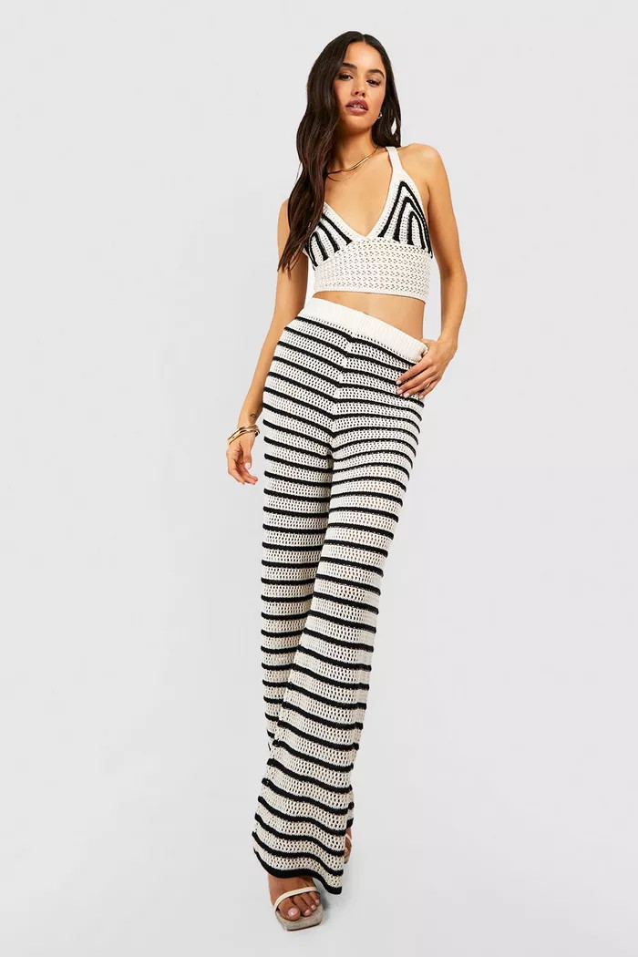 Stripe Crochet Bralette And Wide Leg Pants Set | Boohoo.com (US & CA)