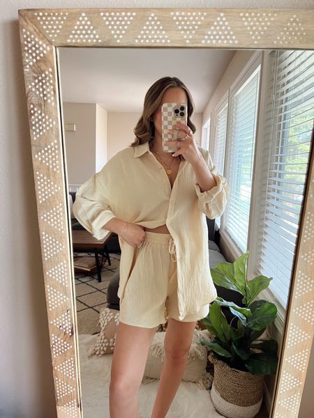 Amazon matching set✨ wearing a size small button down and pull on shorts set. This is the yellow color option, but is definitely more beige IRL!

Amazon finds | Amazon fashion | matching set | summer style 
