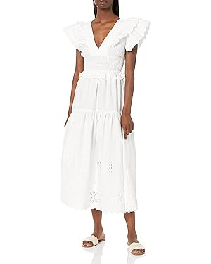 MOON RIVER Women's Tie Back Shirred Smocked Ruffle Dress | Amazon (US)
