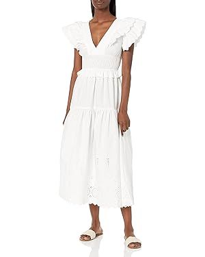 MOON RIVER Women's Tie Back Shirred Smocked Ruffle Dress | Amazon (US)