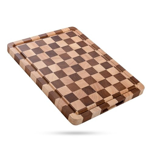 Checkered Cutting Board for Kitchen - Wood Thick Checkerboard End Grain Chopping Board with Handle & Juice Groove, Double Sided for Cooking, Serving and Decor, Rectangular 16" x 12" x 1" | Amazon (US)