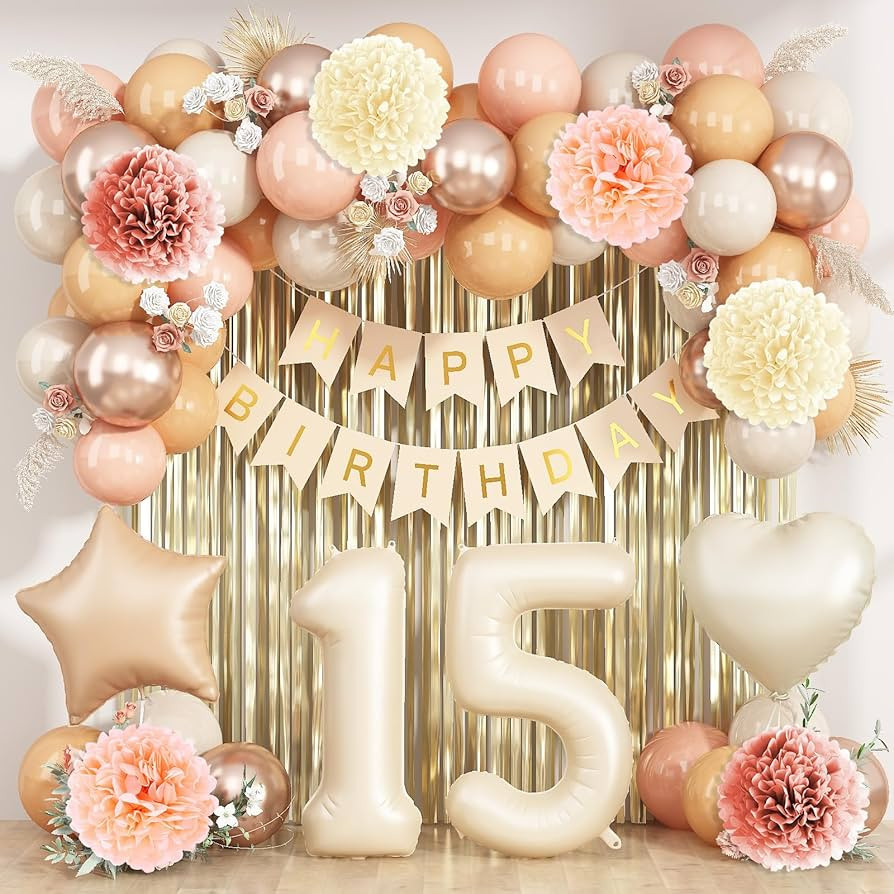 Beige 15th Birthday Decorations Girls Boys Cream Number 15 Balloon Nude Gold Happy Birthday Banne... | Amazon (US)