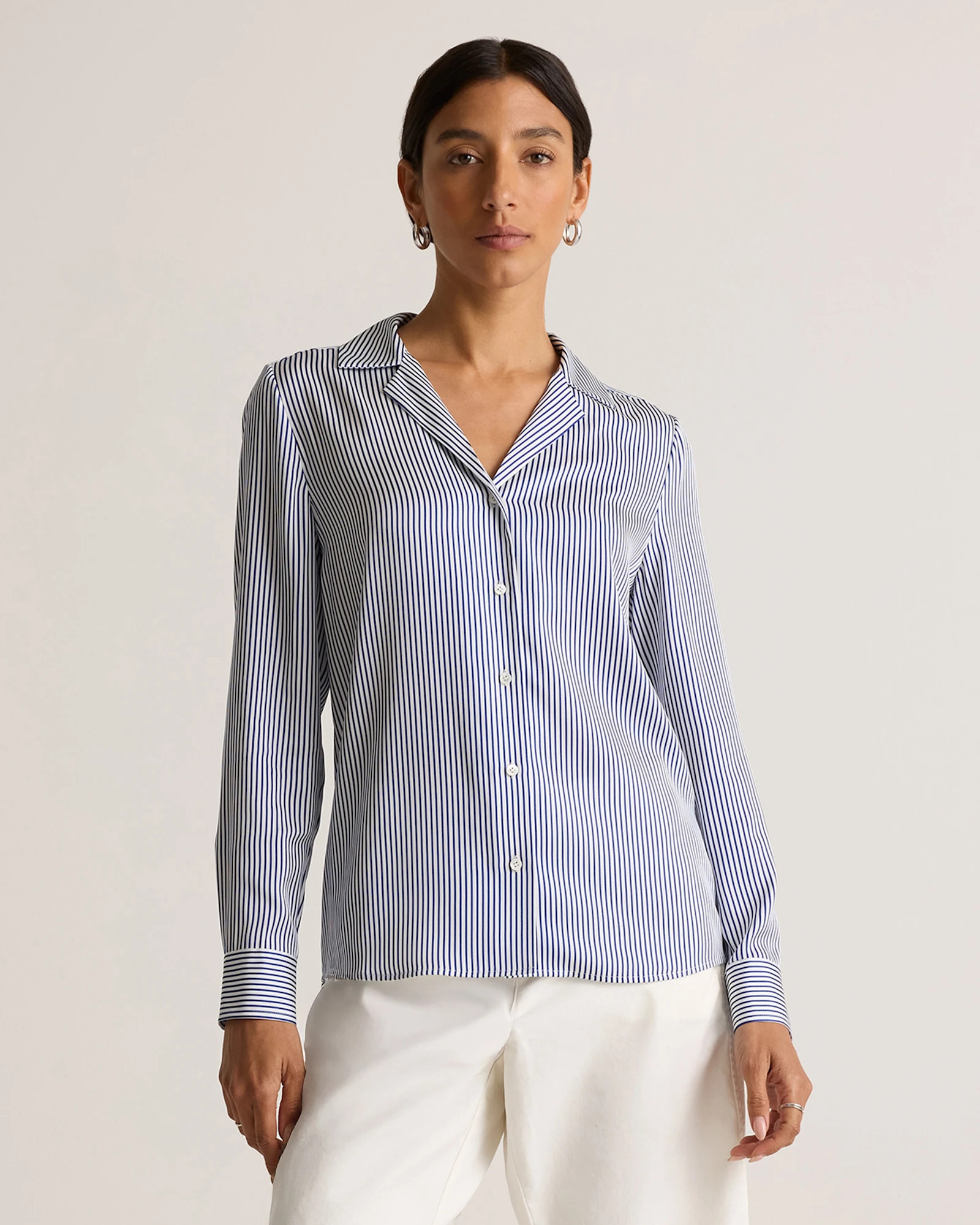 Quince | Women's 100% Washable Silk Stretch Notch Collar Blouse in Black, Size Large | Quince