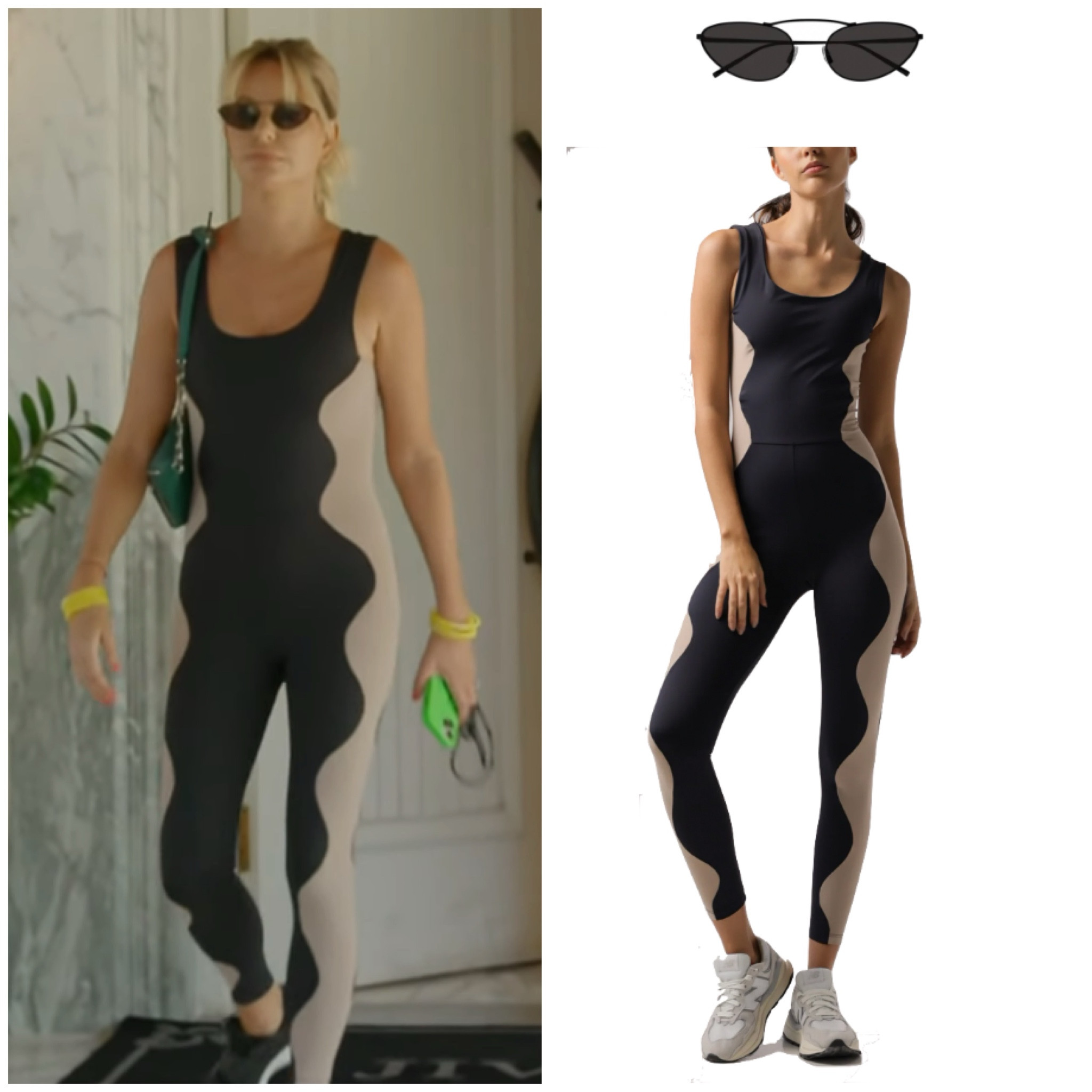 Caroline Stanbury’s Black and Beige Wave Jumpsuit by Port de Bras and Cat Eye Sunglasses