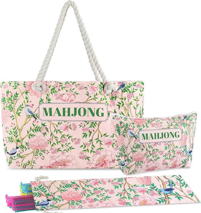 Empty Mahjong Bags Set for Tiles and Racks 24x13x4.7 Inch American Mahjong Carrying Bag Tote Tiles Bag Drawstring Protective Sleeve for Rack Pusher Party Travel, Case Only(Chinoiserie) | Amazon (US)
