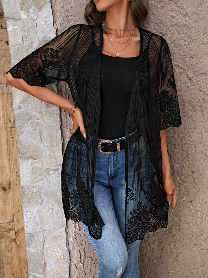SHEIN VCAY Contrast Lace Open Front Mesh Kimono | SHEIN
