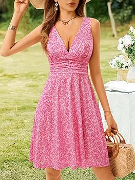 OURIN Women's Spring Deep V Neck Sleeveless Floral Sundresses with Pockets Flowy Summer Dresses f... | Amazon (US)