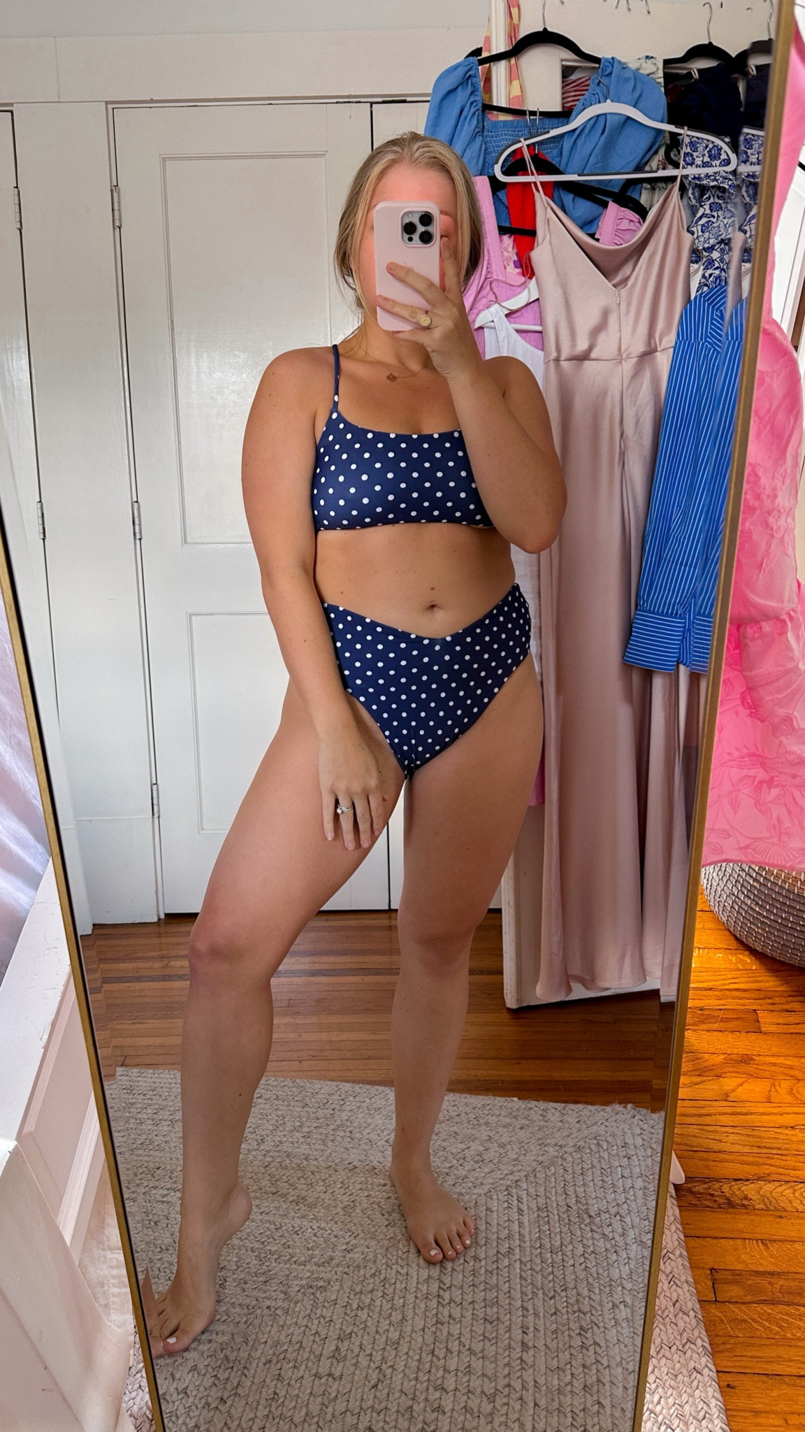 Blue white polka dot seamless bikini 
Wearing a medium in both top and bottom 

#LTKtravel #LTKSeasonal #LTKswim