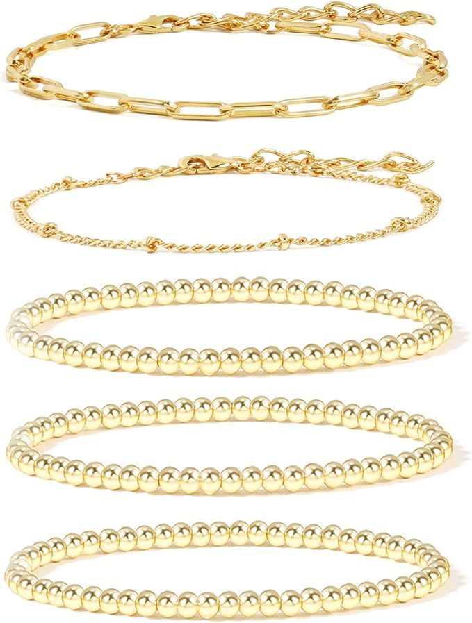 14K Gold Beaded Bracelets for Women,Dainty Gold Plated Chain Link Bracelet Stretchable Adjustable... | Amazon (US)