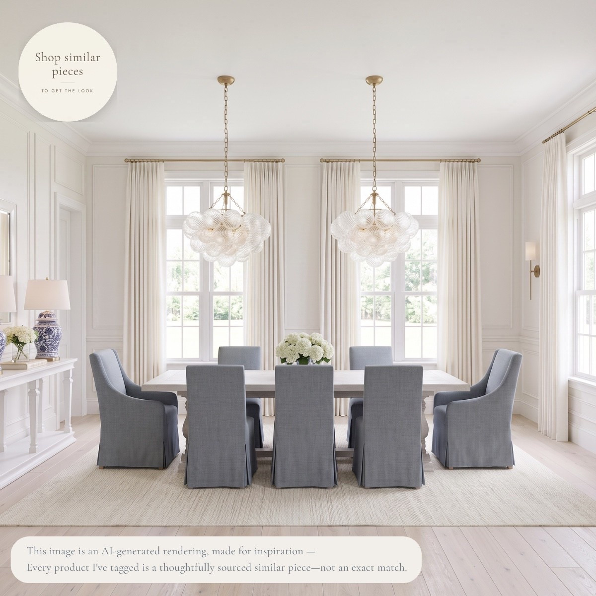 Two chandeliers instantly make a dining room feel thoughtfully designed, but the rest of the room is what keeps it timeless. Soft gray-blue skirted chairs, warm brass, pale oak, and layers of ivory create a space that's elegant enough for holidays but comfortable enough for everyday dinners. I've thoughtfully sourced similar pieces to help you bring this classic look into your own home. ✨

AI-generated design concept for inspiration • Tagged products are thoughtfully sourced similar pieces, not exact matches • Affiliate links may be used. As an Amazon Associate, I earn from qualifying purchases.

#LTKHome

#LTKHome