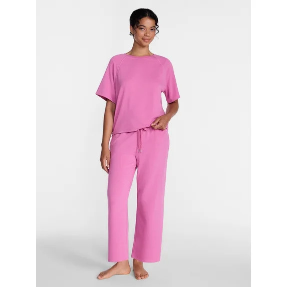 Joyspun Women's French Terry Lounge Sleep Short Sleeve Top and Capri Pants, 2-Piece Set, Sizes XS... | Walmart (US)