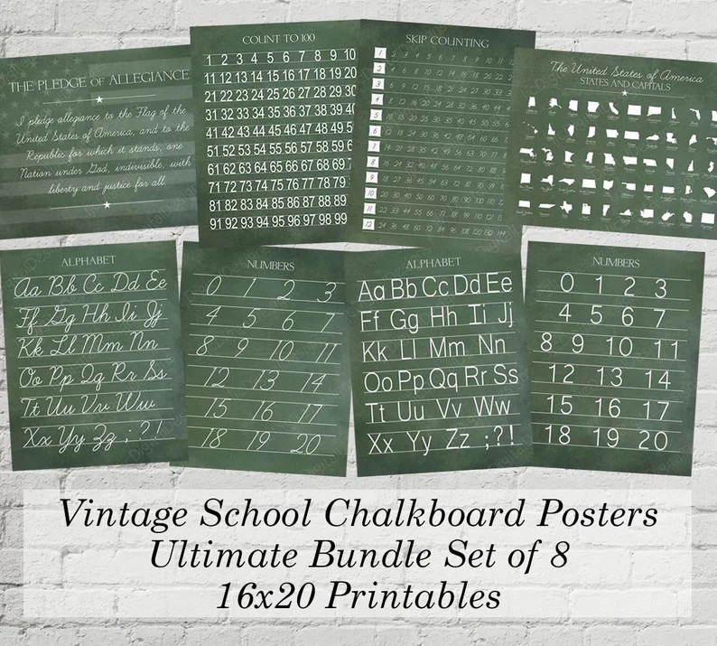 Printable Vintage Green Alphabet and Numbers Classroom Homeschool Posters Bundle Set Digital Chal... | Etsy (US)
