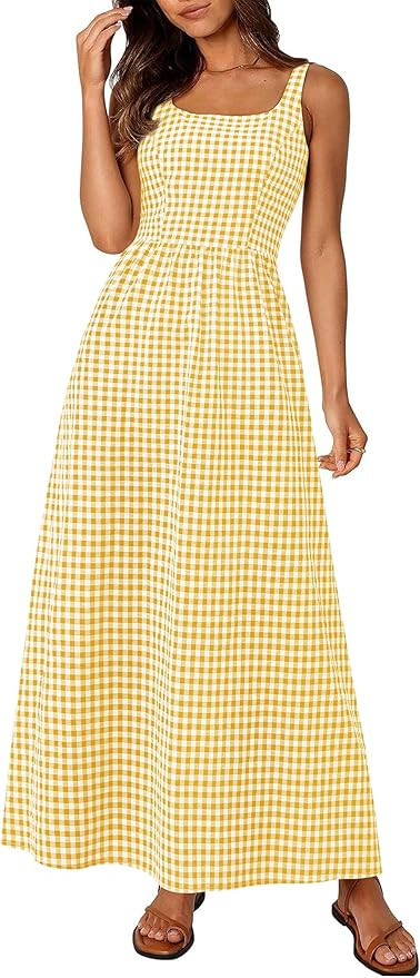PRETTYGARDEN Women's 2026 Summer Spaghetti Strap Maxi Dresses Plaid Square Neck A Line Casual Bea... | Amazon (US)