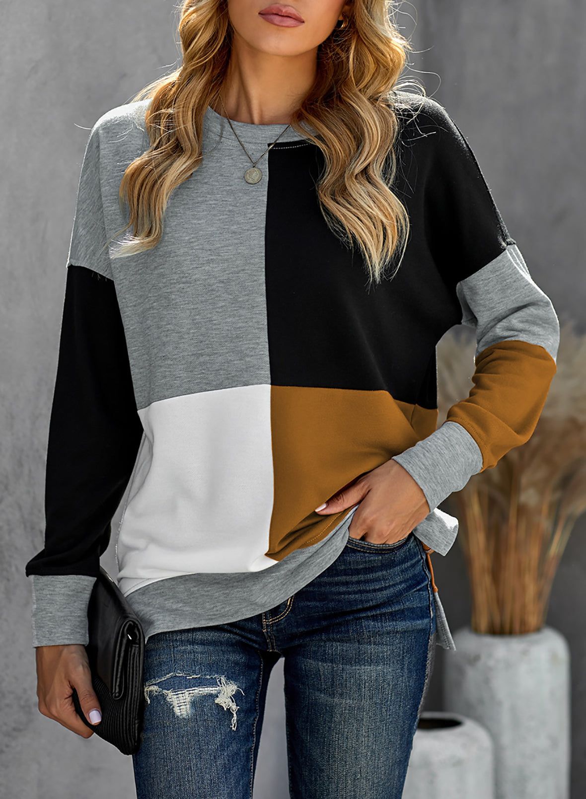 Color Block Round Neck Long Sleeves Pullover Sweatshirt | Evaless