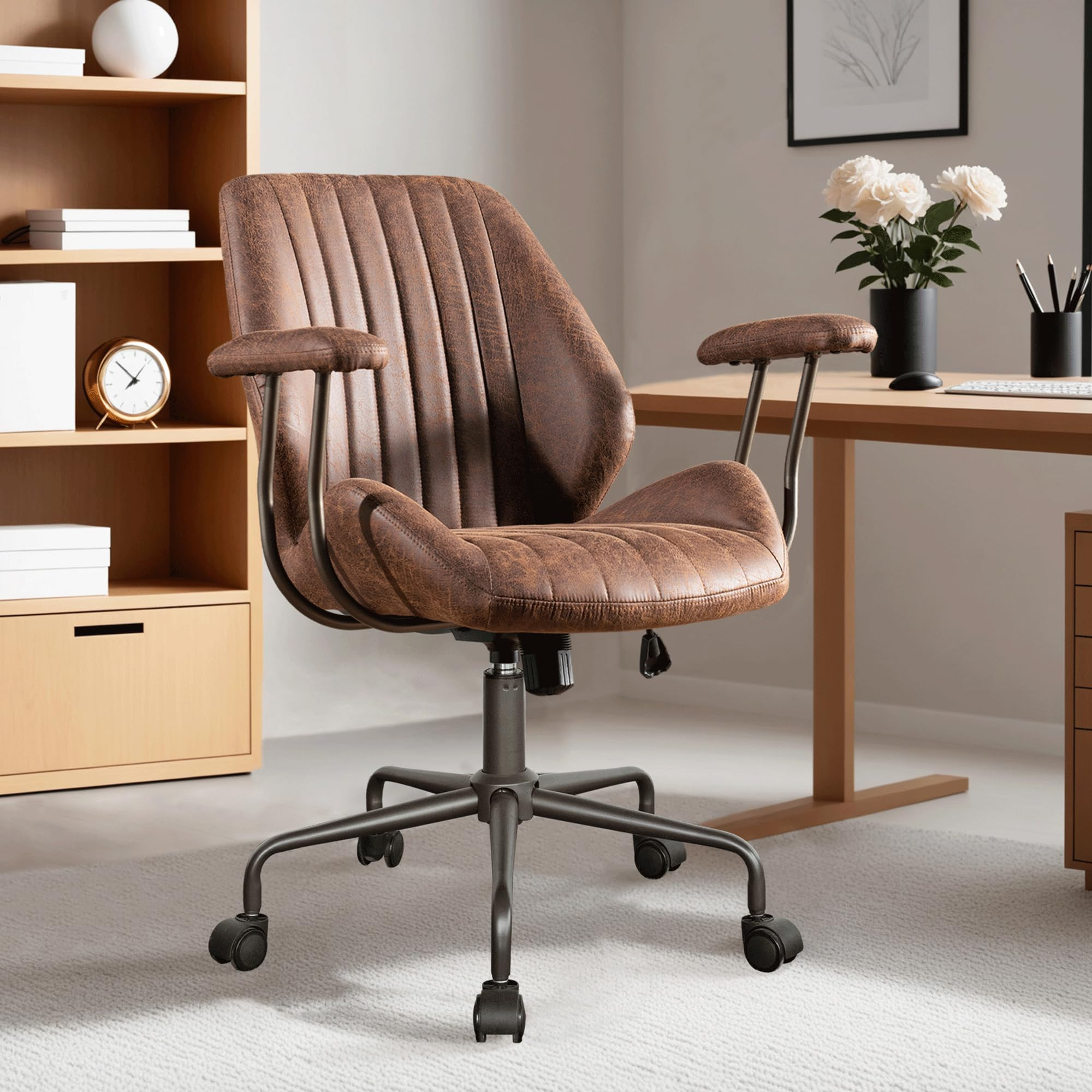 ovios Ergonomic Home Office Chair, Mid-Century Modern Faux Leather Chairs with Padded Armrests, C... | Amazon (US)