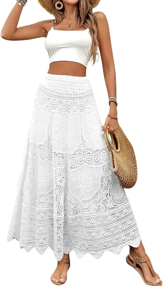 chouyatou Women's Floral Embroidered Knit Skirt Lace Crochet Eyelet Elastic Waist Flared Maxi Lon... | Amazon (US)