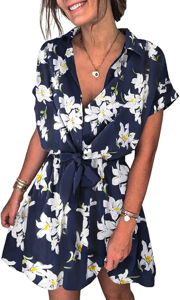 Sidefeel Womens V Neck Button Down Polka Dot Printed Short Sleeve Mini Dresses | Amazon (US)