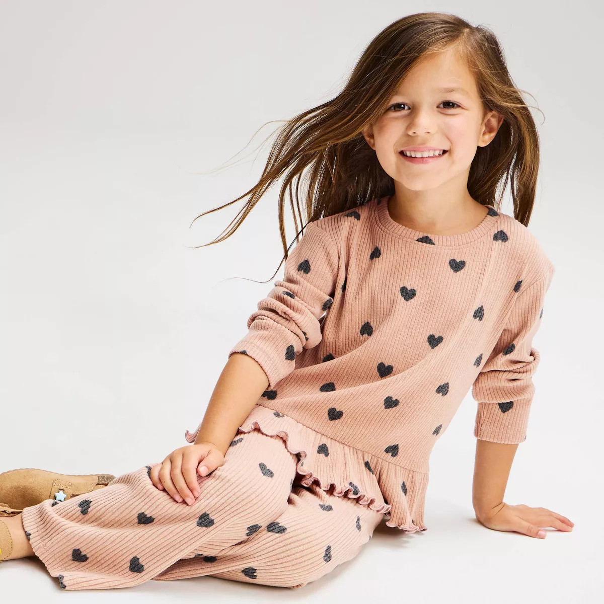 Toddler Girls' Hearts Crewneck Long Sleeve Ruffle T-Shirt - Cat & Jack\u2122 Tan 4T | Target