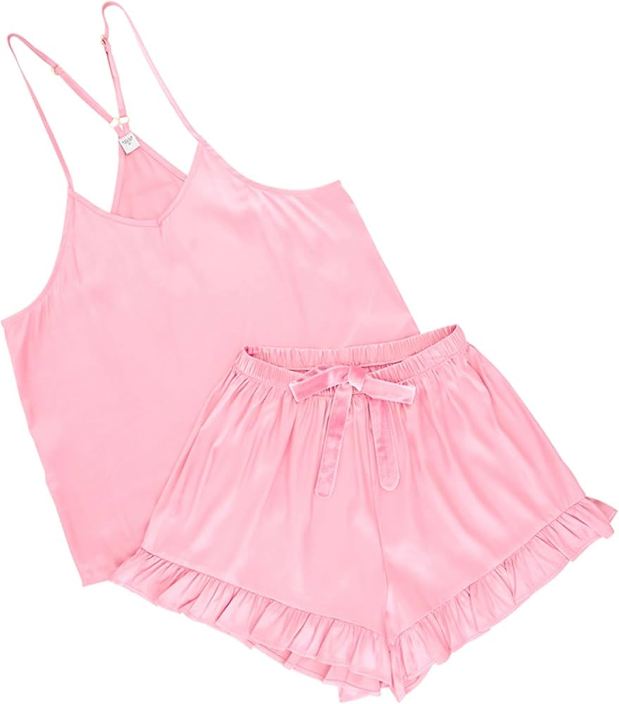 Pajamas for Women Loungewear 2-Piece Cami and Velvet Ruffled Shorts/Shirt Sleep Set, Large, Pink | Amazon (US)