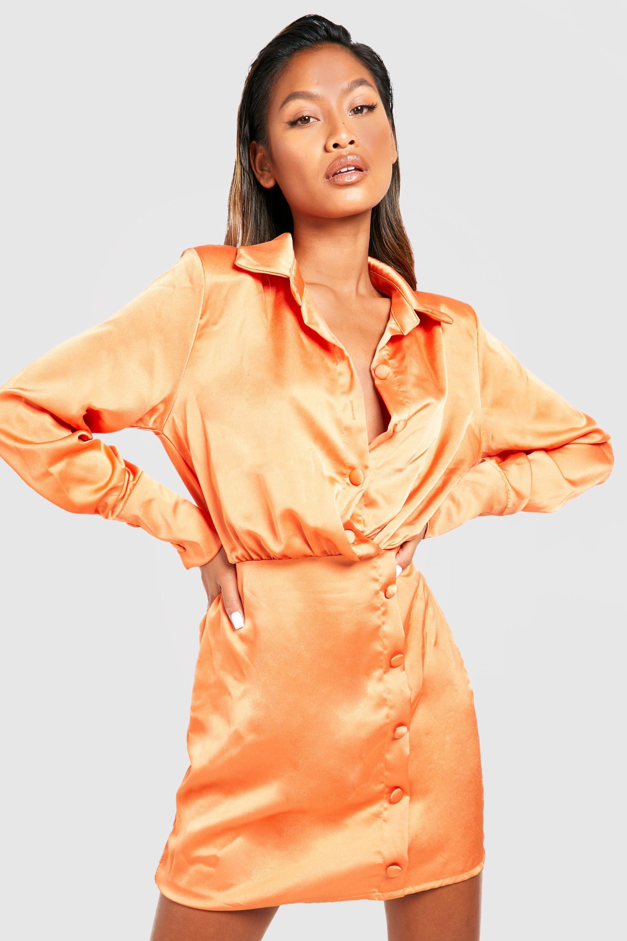 Womens Button Detail Satin Shirt Dress - Orange - 8 | Boohoo.com (US & CA)