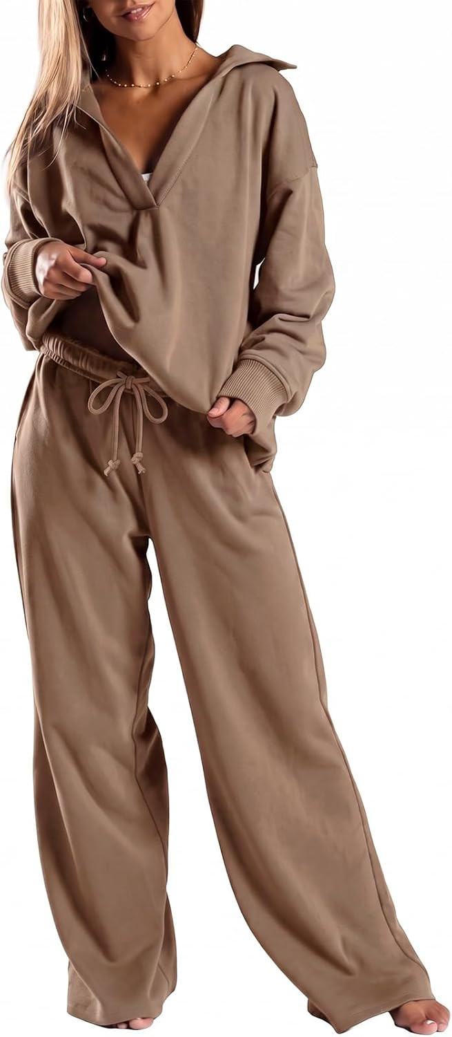 Fisoew Womens 2 Piece Lounge Sets Sweatsuit V Neck Pullover Pants Outfits | Amazon (US)