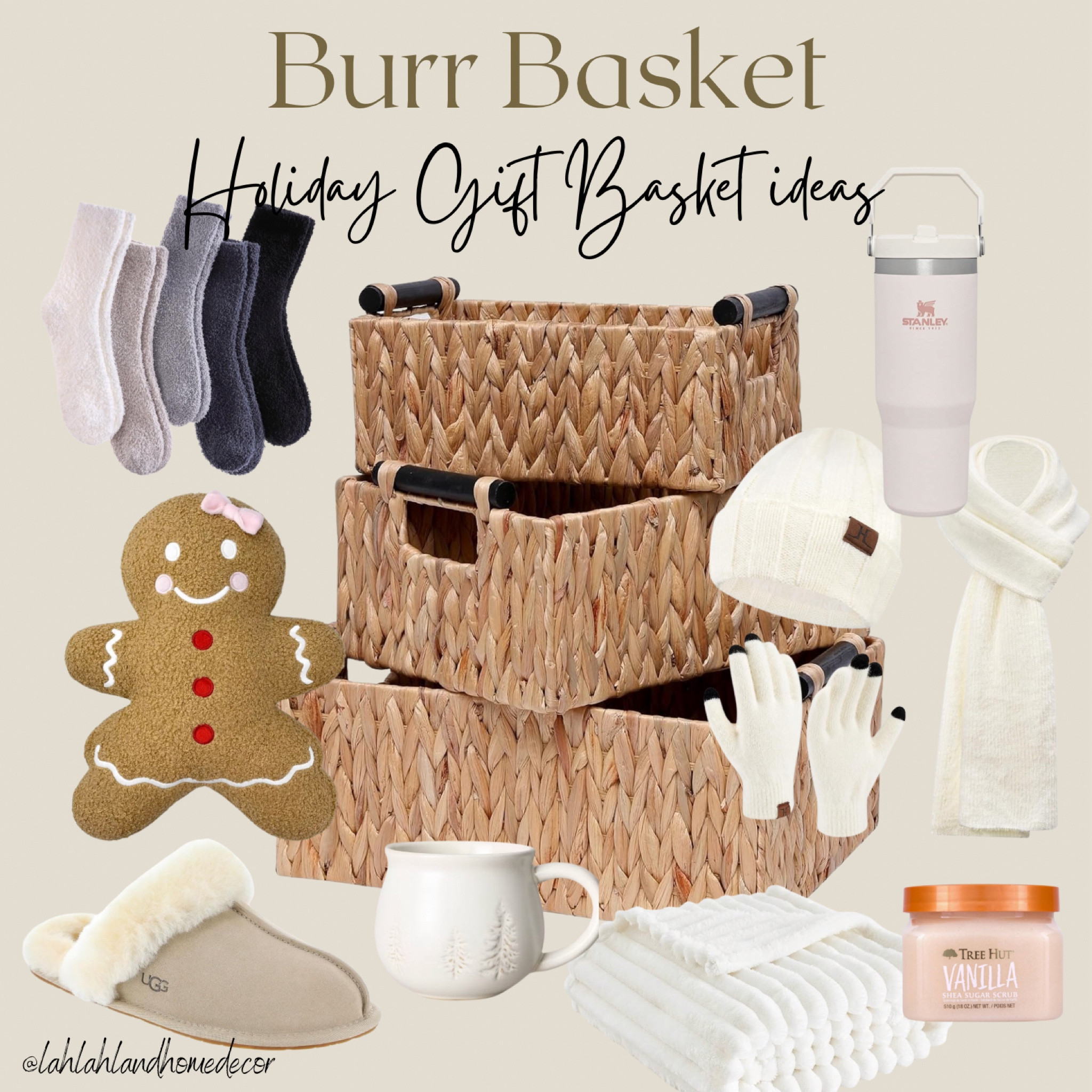 BURR basket gift ideas for her! uggs | wicker basket | socks | coffee mug | scarf, glove,hat set | holiday throw pillow | christmas gifts on a budget 

#LTKFindsUnder50 #LTKHoliday #LTKGiftGuide