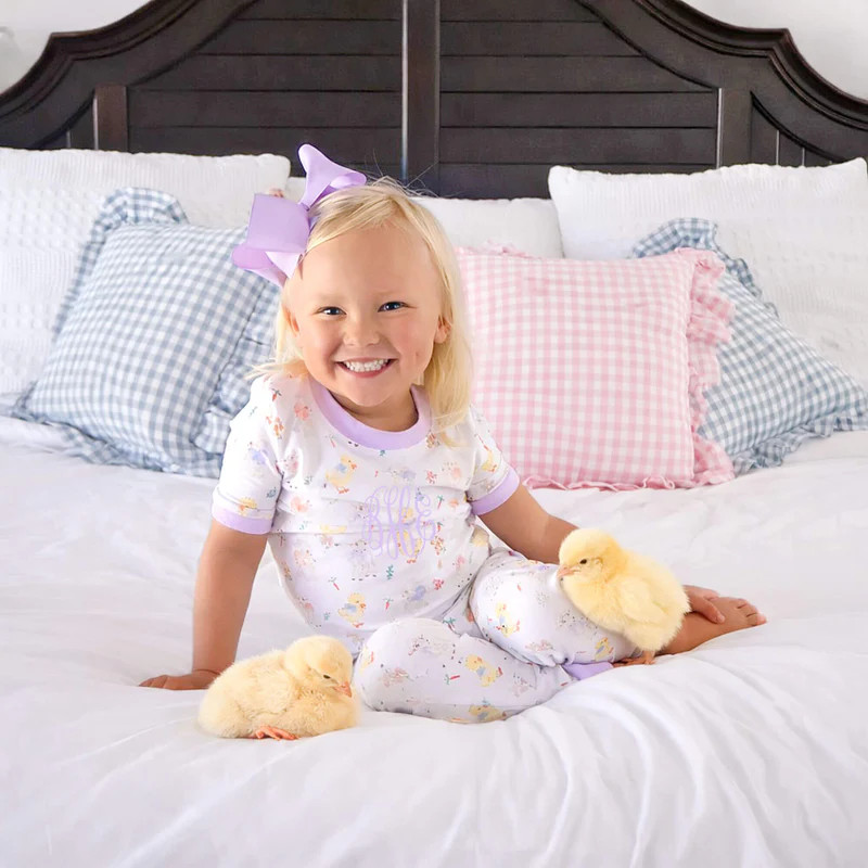 Bunny Lamb & Chick Easter Print Purple Trim Pajamas | Classic Whimsy
