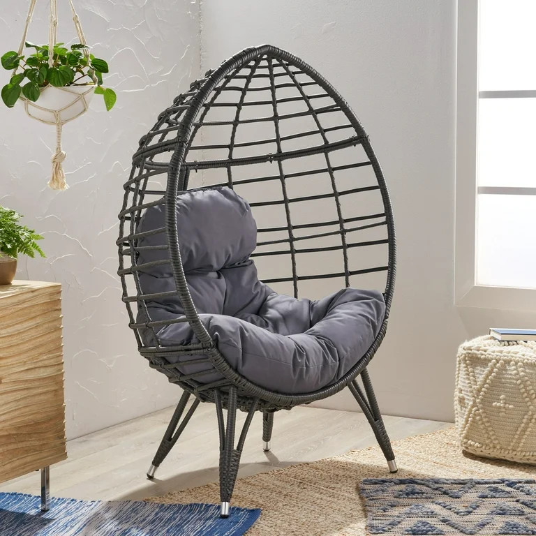 Noble House Angelise Wicker Teardrop Chair with Cushion, Gray and Dark Gray - Walmart.com | Walmart (US)