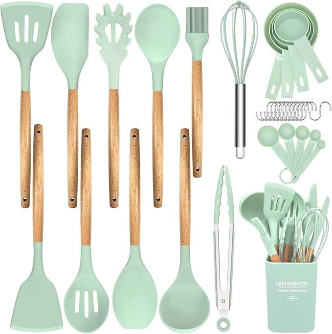 Silicone Kitchen Utensils Set, Upgraded 22 pcs Cooking Utensil Set with Wooden Handle, Holder, Sp... | Amazon (US)