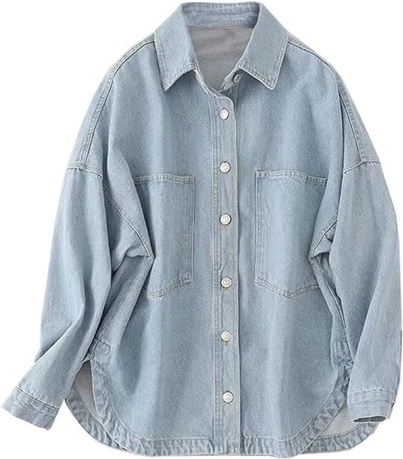 Women Denim Jacket Shacket Long Sleeve Oversize Boyfriend Jean Jacket Shirt | Amazon (US)