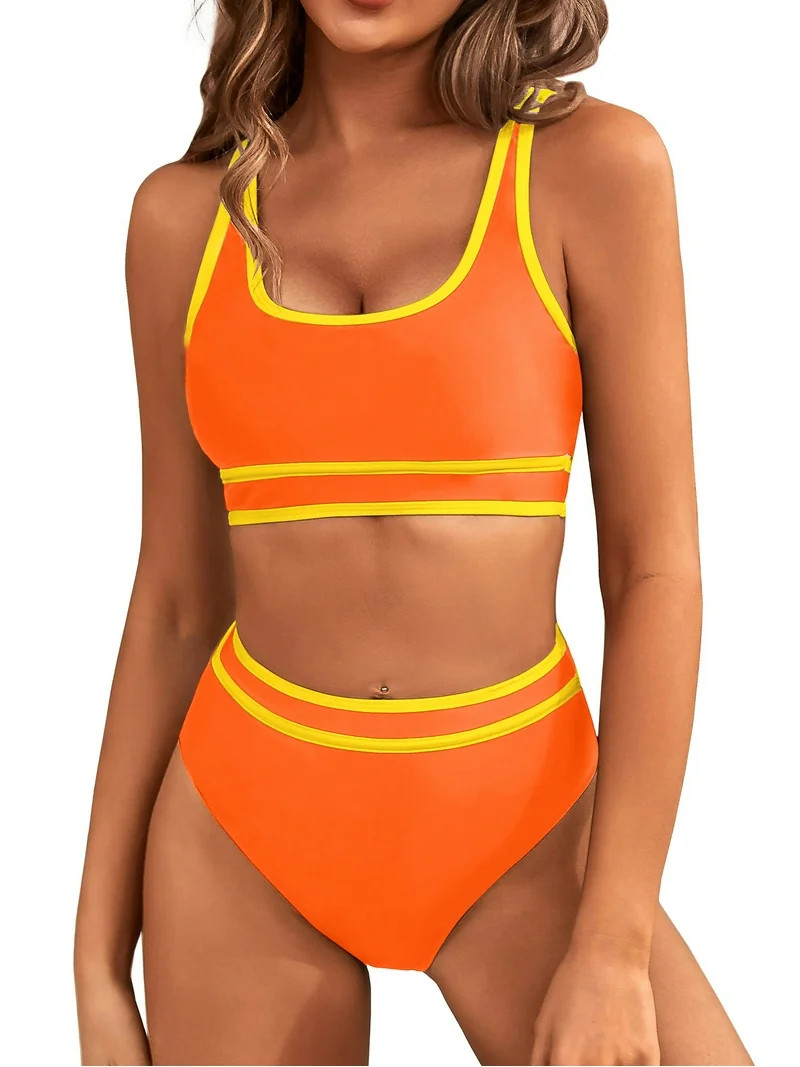 MOSHU High Waisted Womens Bikini Sets Sporty Two Piece Swimsuits for Women Color Block High Cut B... | Walmart (US)