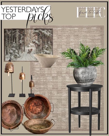 Yesterday’s Top Picks. Follow @farmtotablecreations on Instagram for more inspiration.

Bell Stands Vintage Inspired Copper Bells Meta Iron Bells Stands Luxe B Co. Small Round Carved Bowl w Handles. Norfolk Pine Stems. Farm to Table Creations Home Collection Handmade Ceramic Vase, Modern Simple, Decoration for Coffee Table, Dining Table, Bookcase, Shelves, Kitchen, Living Room, Office, by MARKABLE. Darby Sand Loloi Rug. 
Wood & Cane Round Accent Side Table - Hearth & Hand with Magnolia. Vintage Winter Print, Rustic Snowy Winter Forest Art, Neutral Landscape Painting, Country Scenery, Farmhouse Decor, Digital. Odin Stoneware Bowl. Amazon Finds. Affordable Decor. McGee & Co. Target Finds. 

#LTKhome #LTKfindsunder50 #LTKsalealert