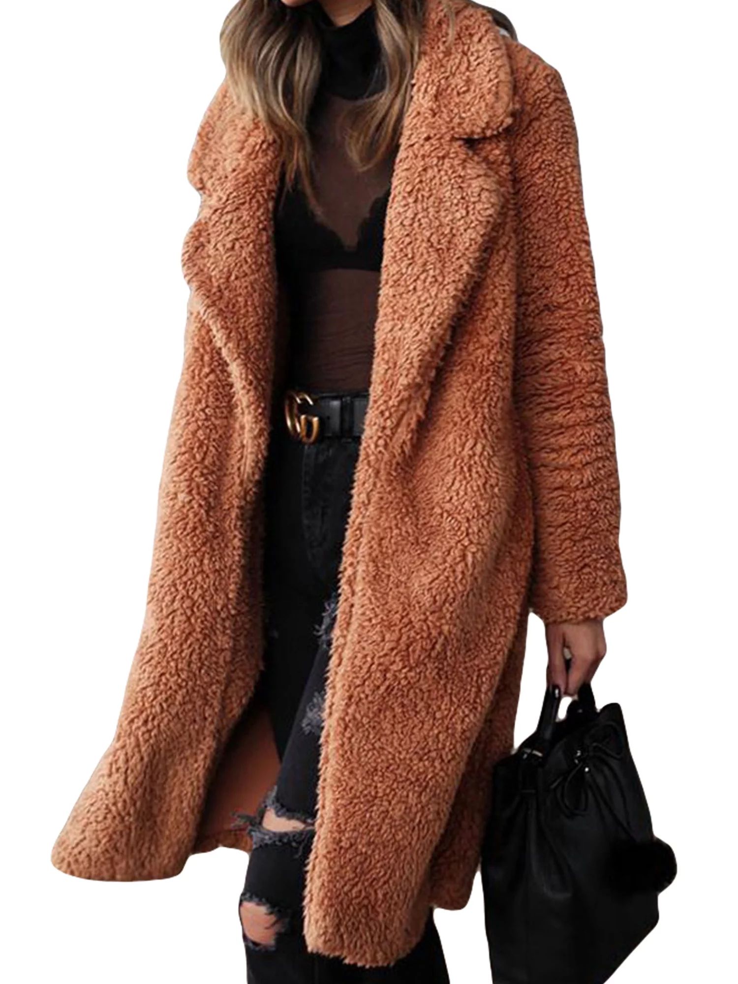 Women Lapel Teddy Bear Coat Faux Fur Fleece Jacket Overcoat Long Parka | Walmart (US)