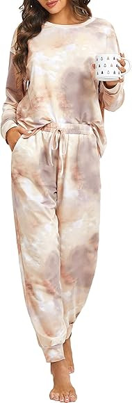 DOBREVA Women's Pajamas Set PJ Long Sleeve Tie Dye Lounge Loungewear Sweatshirt Pants 2 Piece Sle... | Amazon (US)