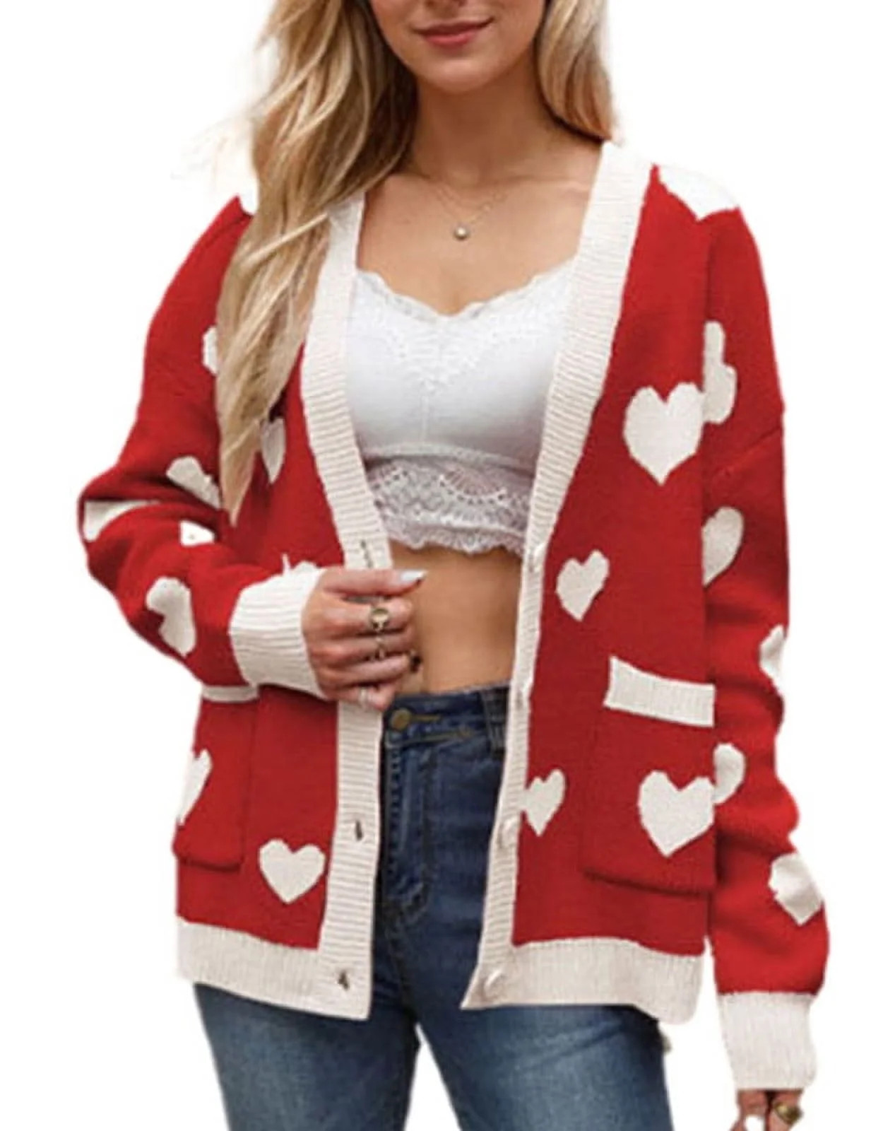 Valentine's Day Cardigans for Women Cute Heart Printed V-Neck Button Down Cardigan Sweaters with ... | Walmart (US)