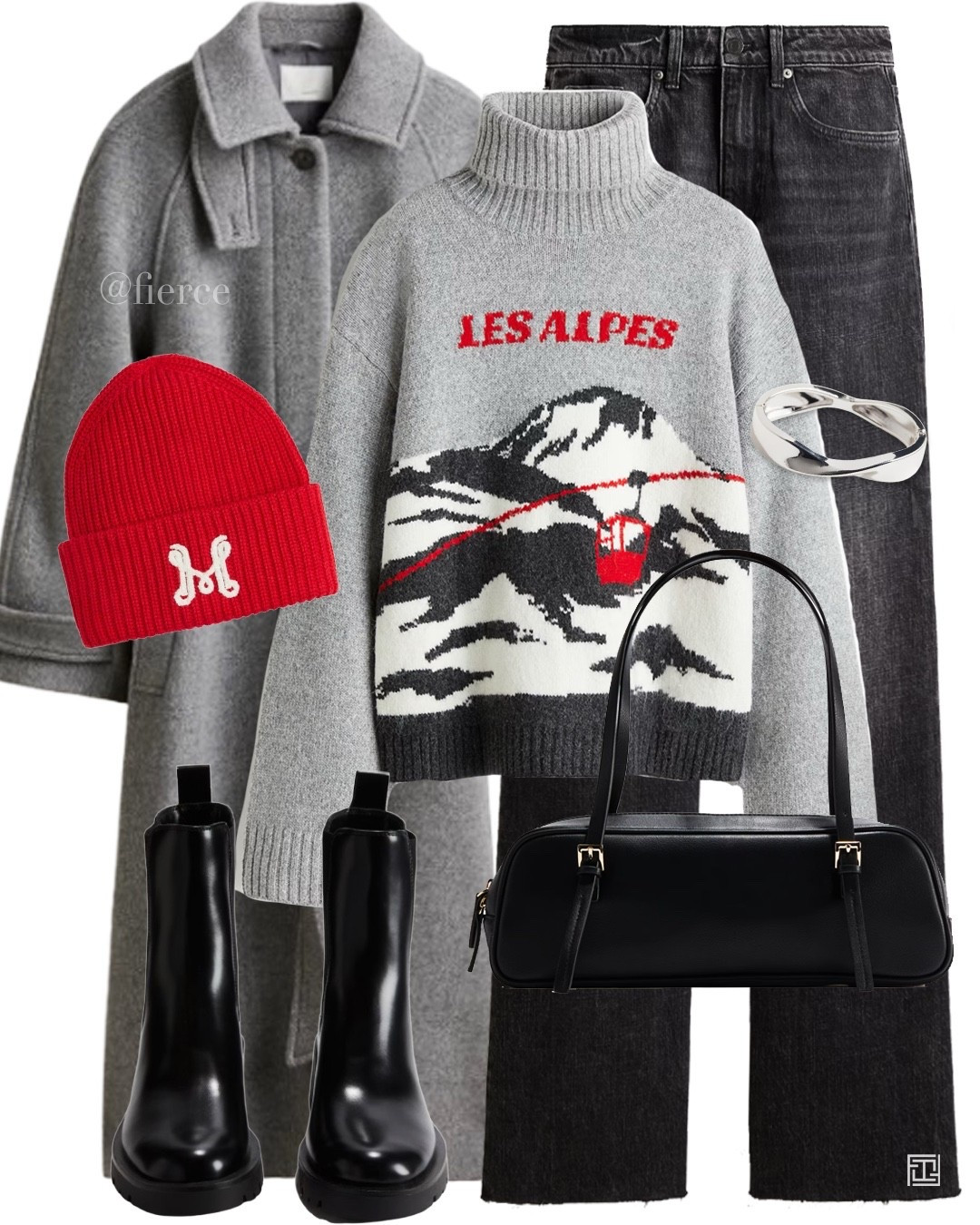 Apres ski jumper vintage black jeans black bowling bag black flat ankle boots red beanie hat grey wool coat casual outfit ski holiday weekend 

#LTKuk #LTKwinter #LTKeurope